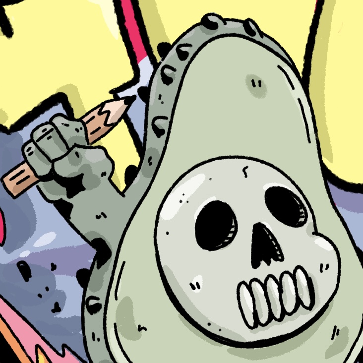 my profile picture of an avocado with a skull face holding up a pencil